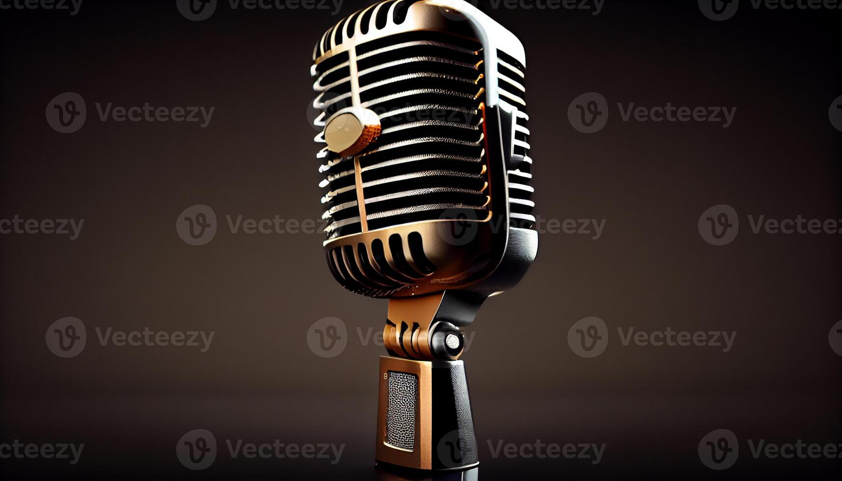 Antique microphone on chrome surface Broadcasting stage performance , photo