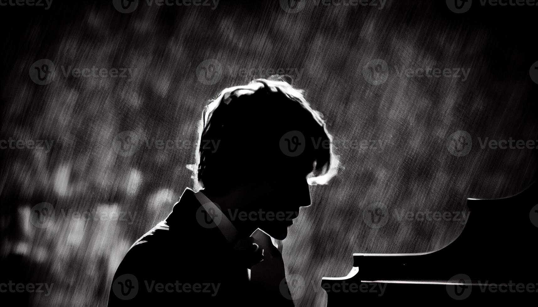 One musician playing a piano indoors in monochrome , photo