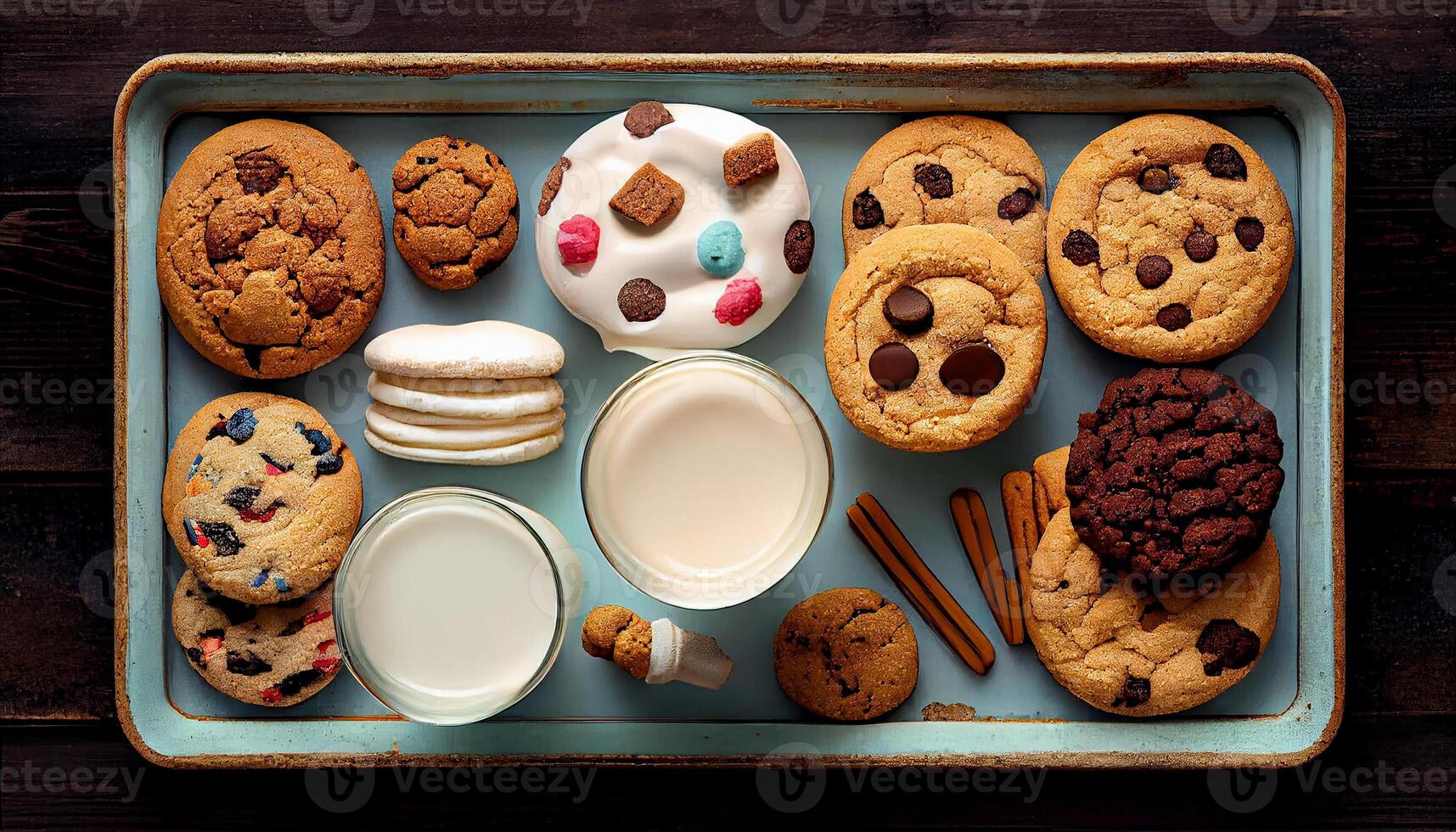 Homemade chocolate chip cookies on rustic wooden table , photo