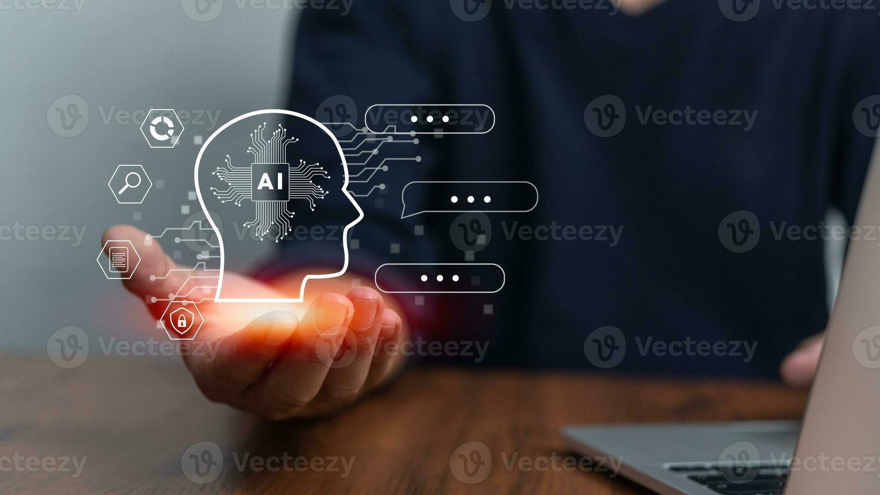 Chat with AI or Artificial Intelligence. Digital chatbot, robot application, OpenAI generate. Futuristic technology. photo