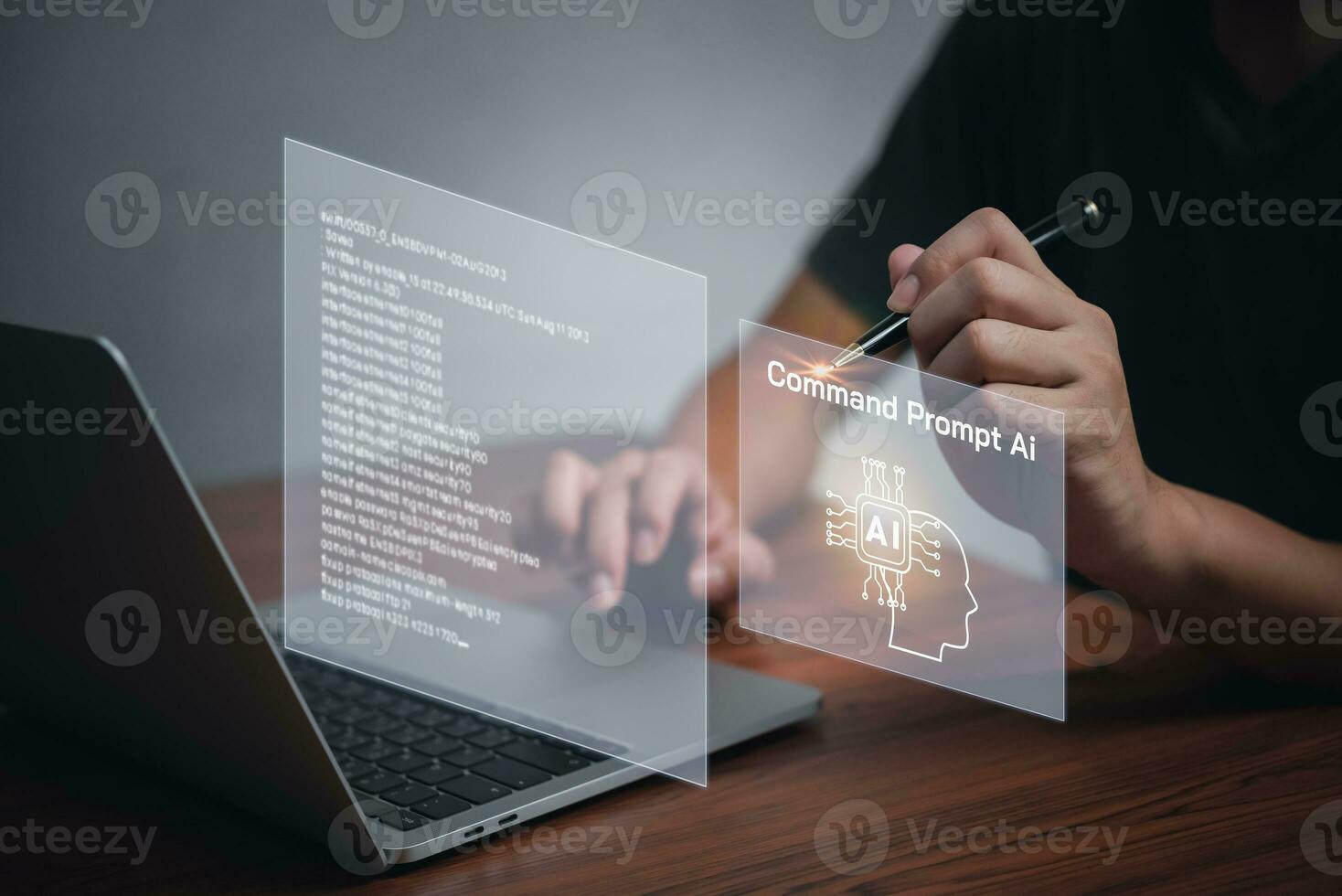 Command Prompt AI interface and machine learning language processing, neural networks, and computer vision. use of chatbot technology automation, data analysis and software development. photo