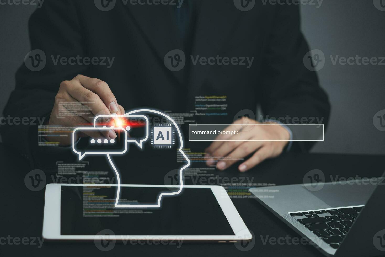 Command Prompt AI interface and machine learning language processing, neural networks, and computer vision. use of chatbot technology automation, data analysis and software development. photo