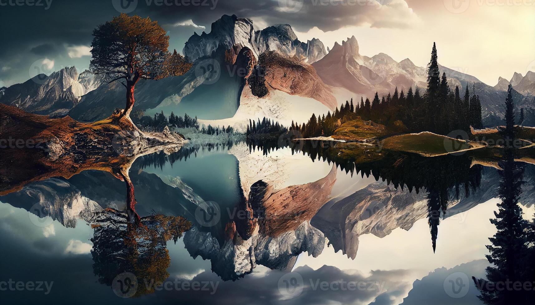 Mountain landscape reflects autumn colors in tranquil water , photo