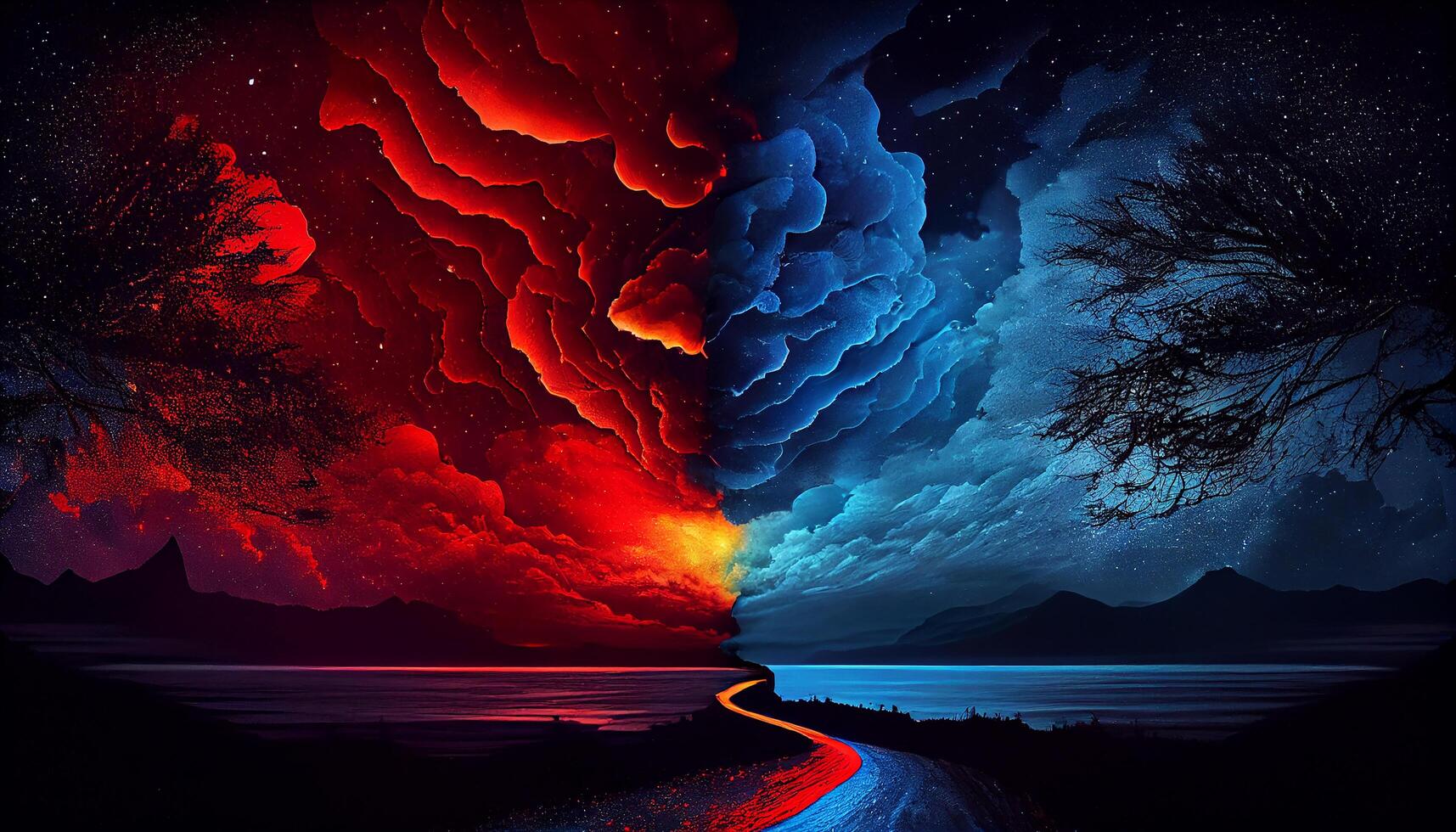 cielo Cloudscape escena con rojo y azul nubes ,generativo ai foto
