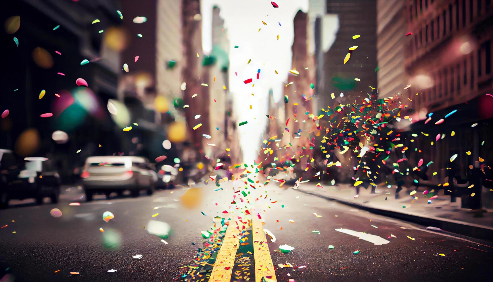 Celebration lights illuminate city with confetti glitter falling , photo