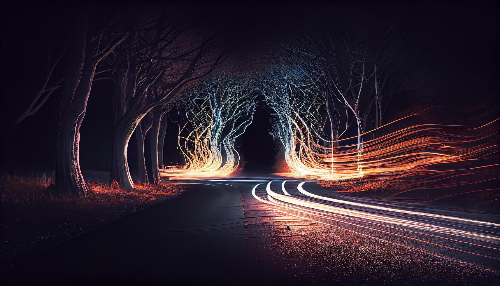 Nighttime traffic speeds through a glowing forest tunnel , photo
