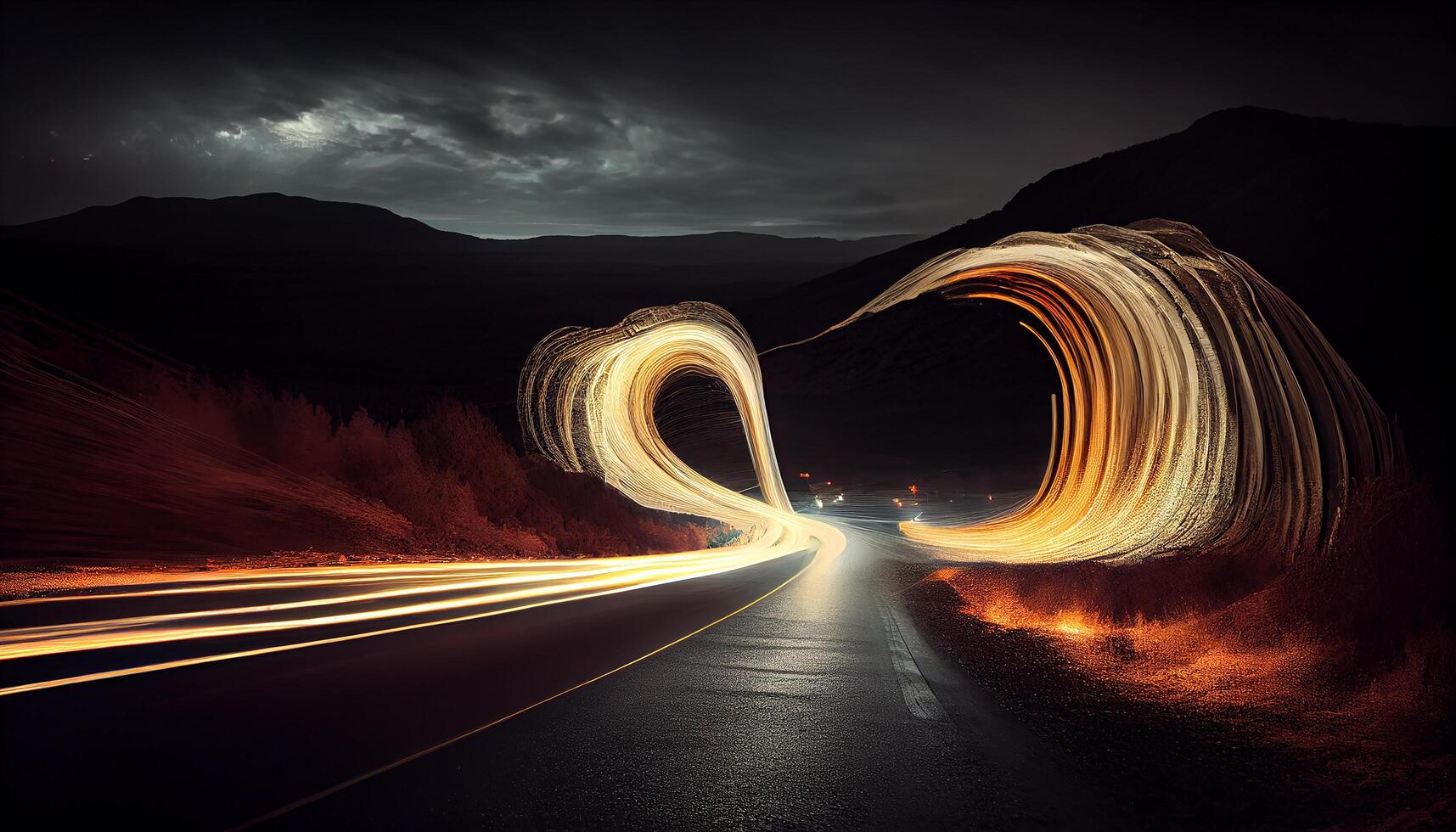 Nighttime traffic blurs along dark multiple lane highway , photo