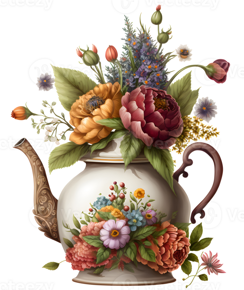 ancien floral thé pot, ai génératif png