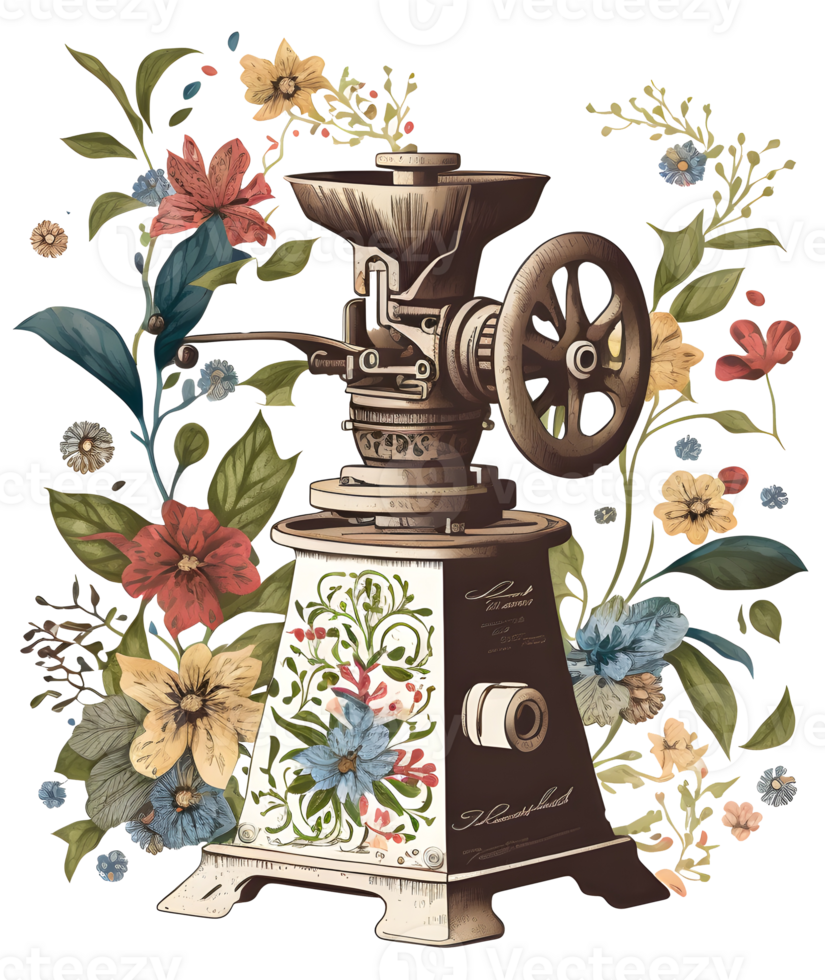 vintage coffee, grinder machine watercolor flowers, png