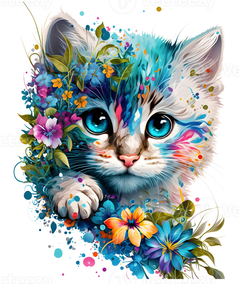 cute adorable cat with floral vibes, png