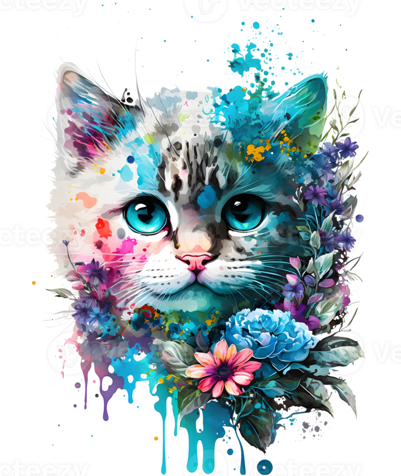 linda adorable gato con floral vibras, ai generativo png