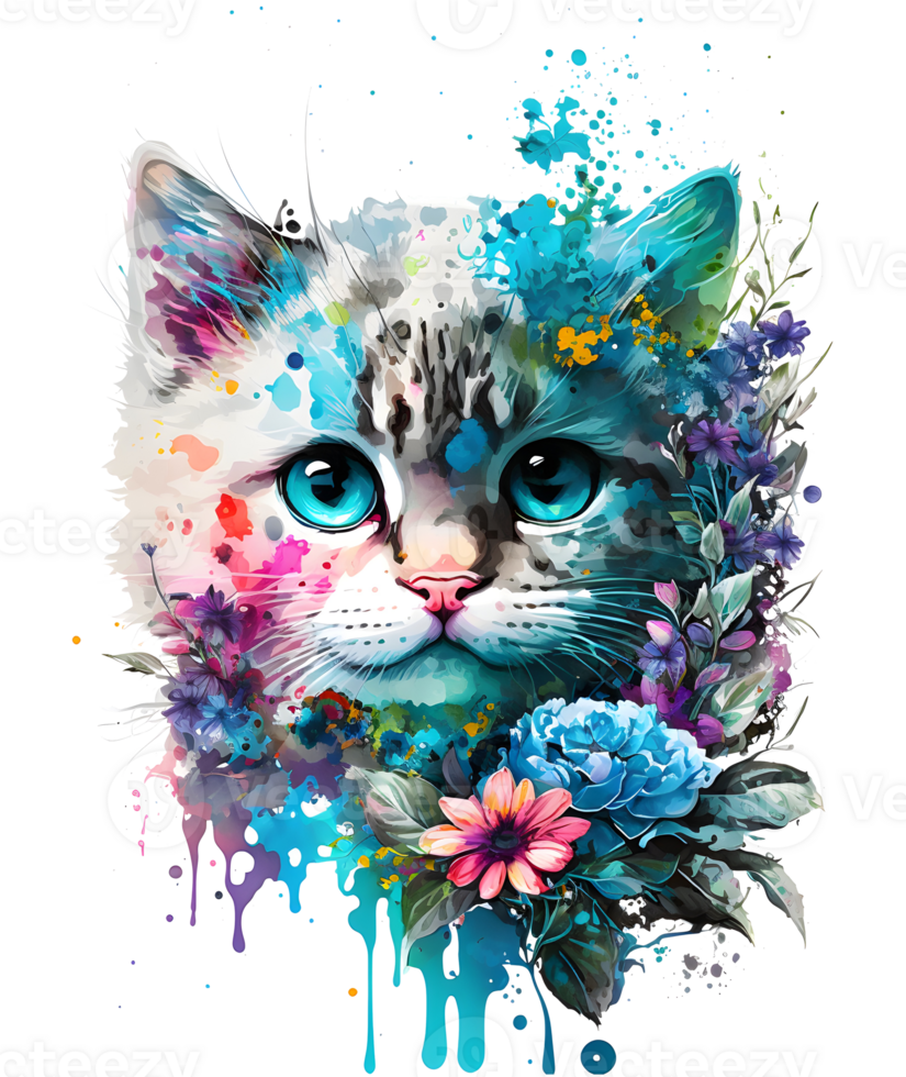 cute adorable cat with floral vibes, png