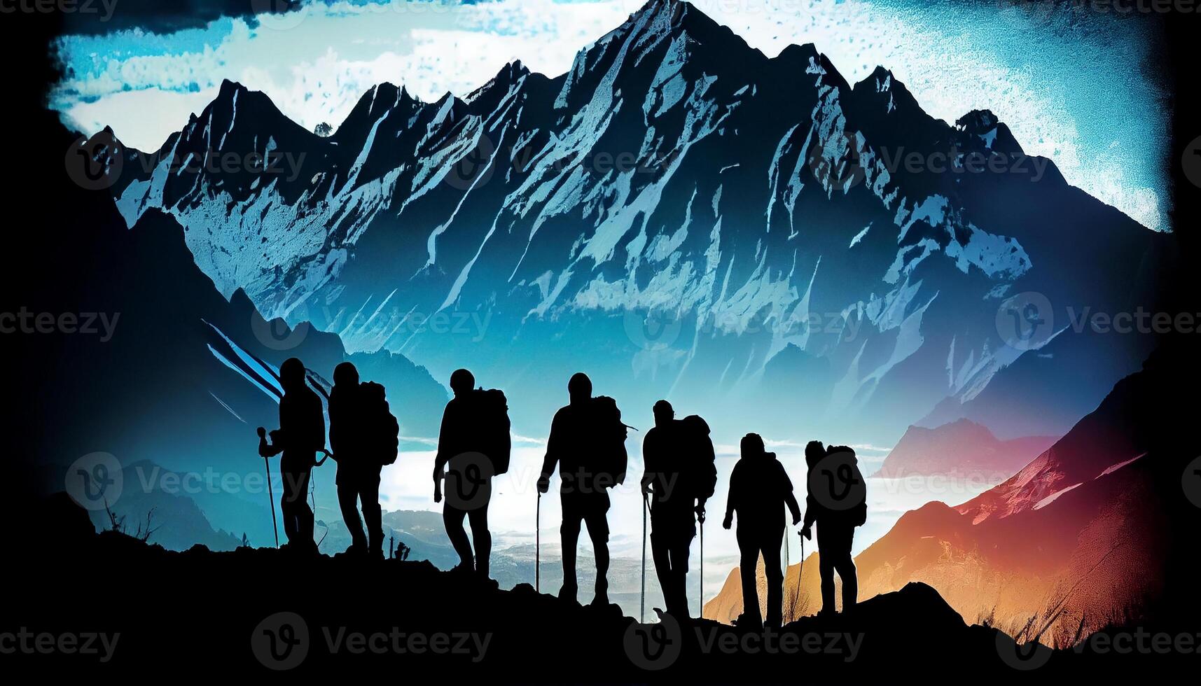 Mountain silhouettes hiking towards majestic mountain peak , photo