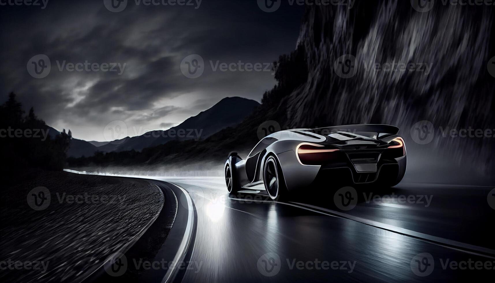 Sports car races through dark, blurred motion , photo