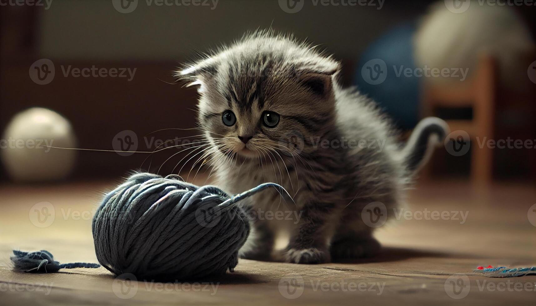 Cute kitten playing with wool ball indoors , photo