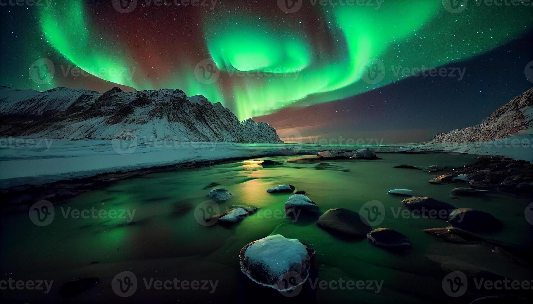 Nature beauty illuminated by aurora polaris at night , photo