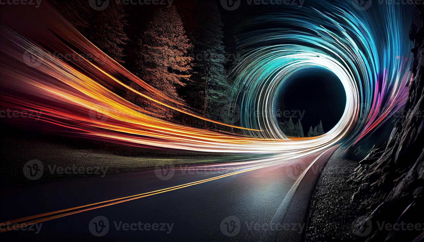 Speeding car ignites light trail in dark city , photo