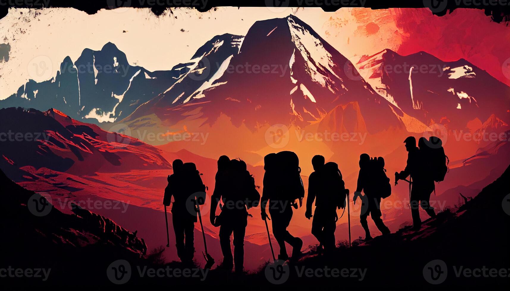 Silhouette hiking men conquer mountain peaks at dusk , photo