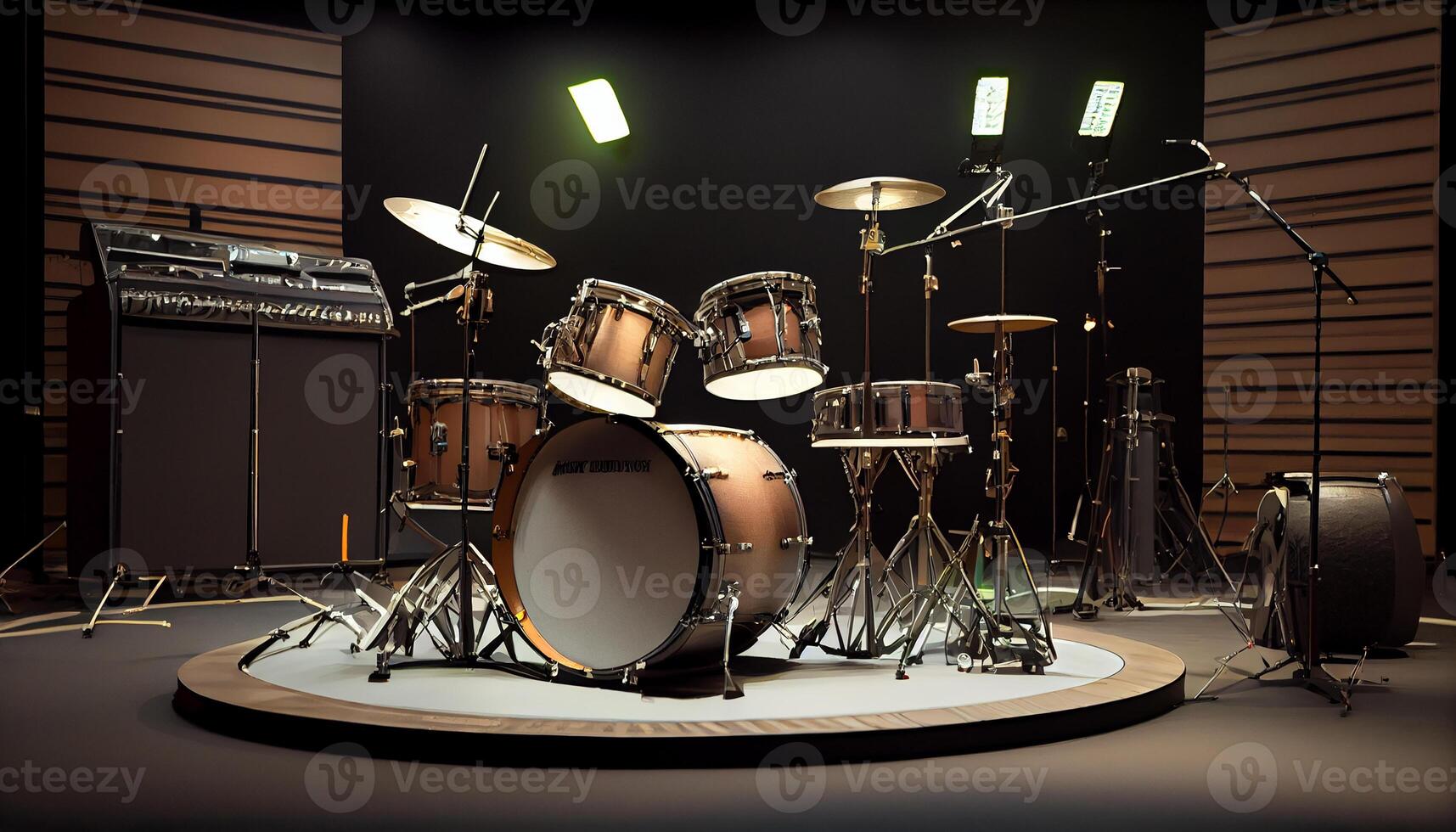 Stage performance with drums kit equipment , photo