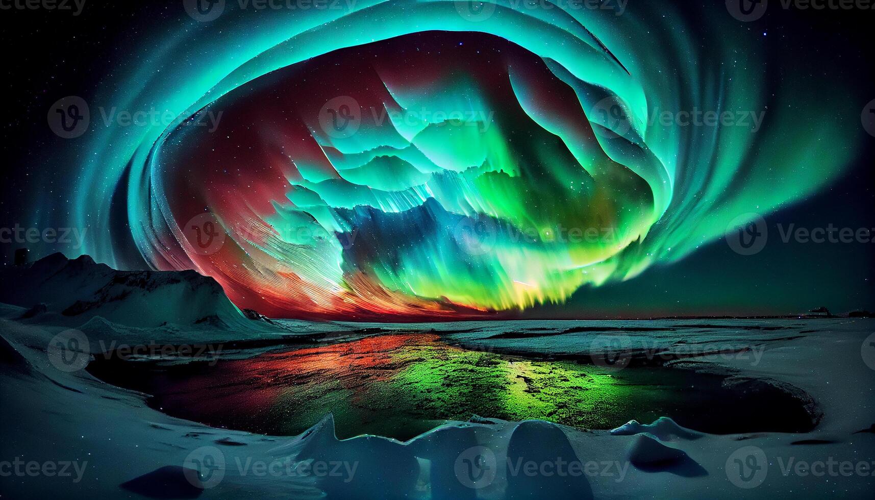 Night sky glows with aurora over mountains , photo