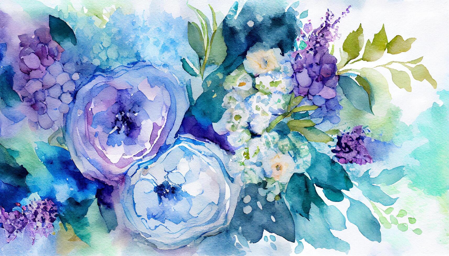 Watercolor painted bouquet, abstract decoration on blue background , photo