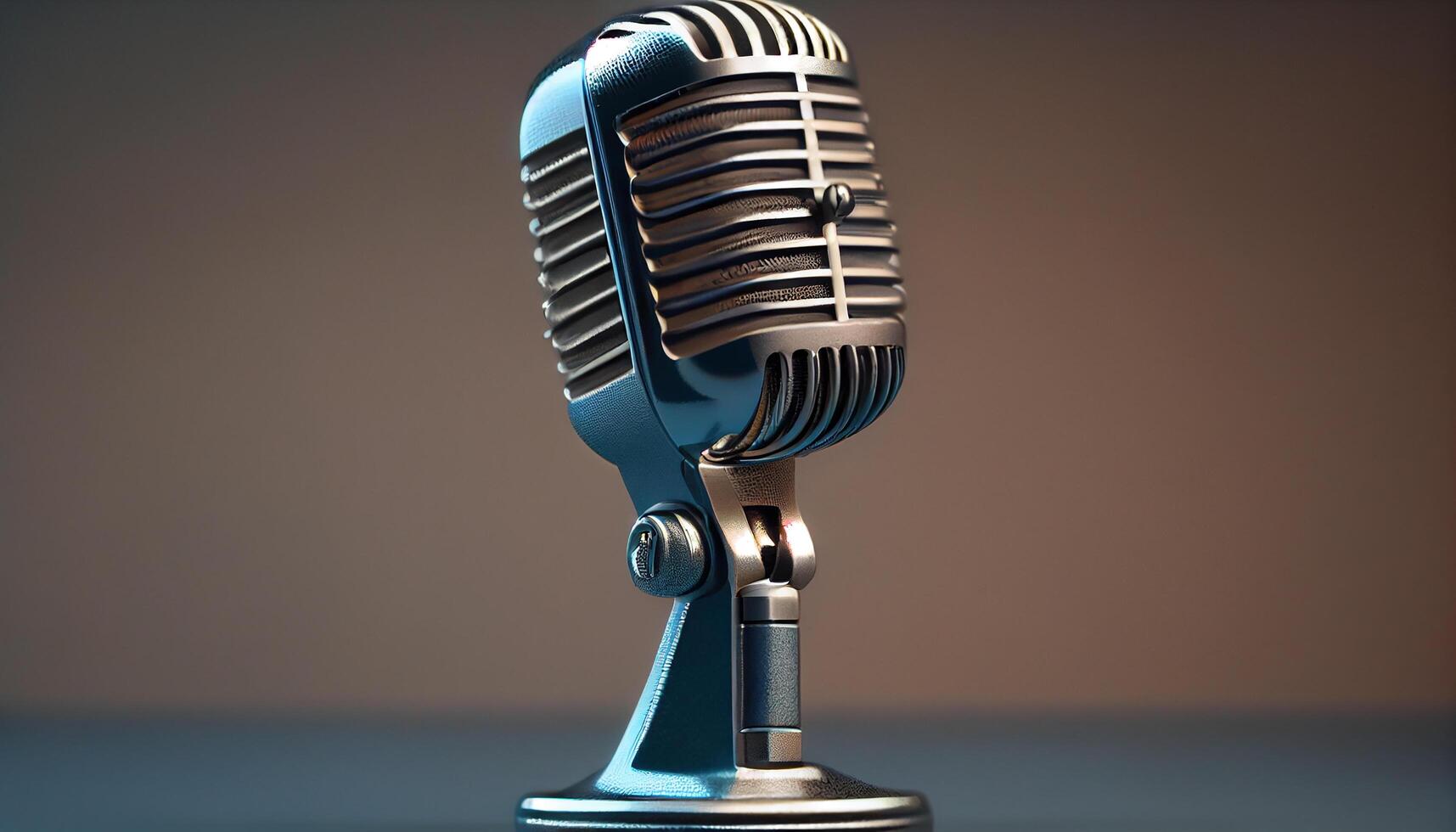 Antique microphone on shiny metallic stand Close up , photo