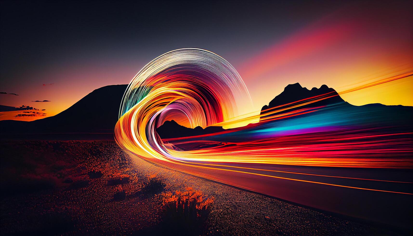 Motion in vibrant colors, blurred cars at dusk , photo