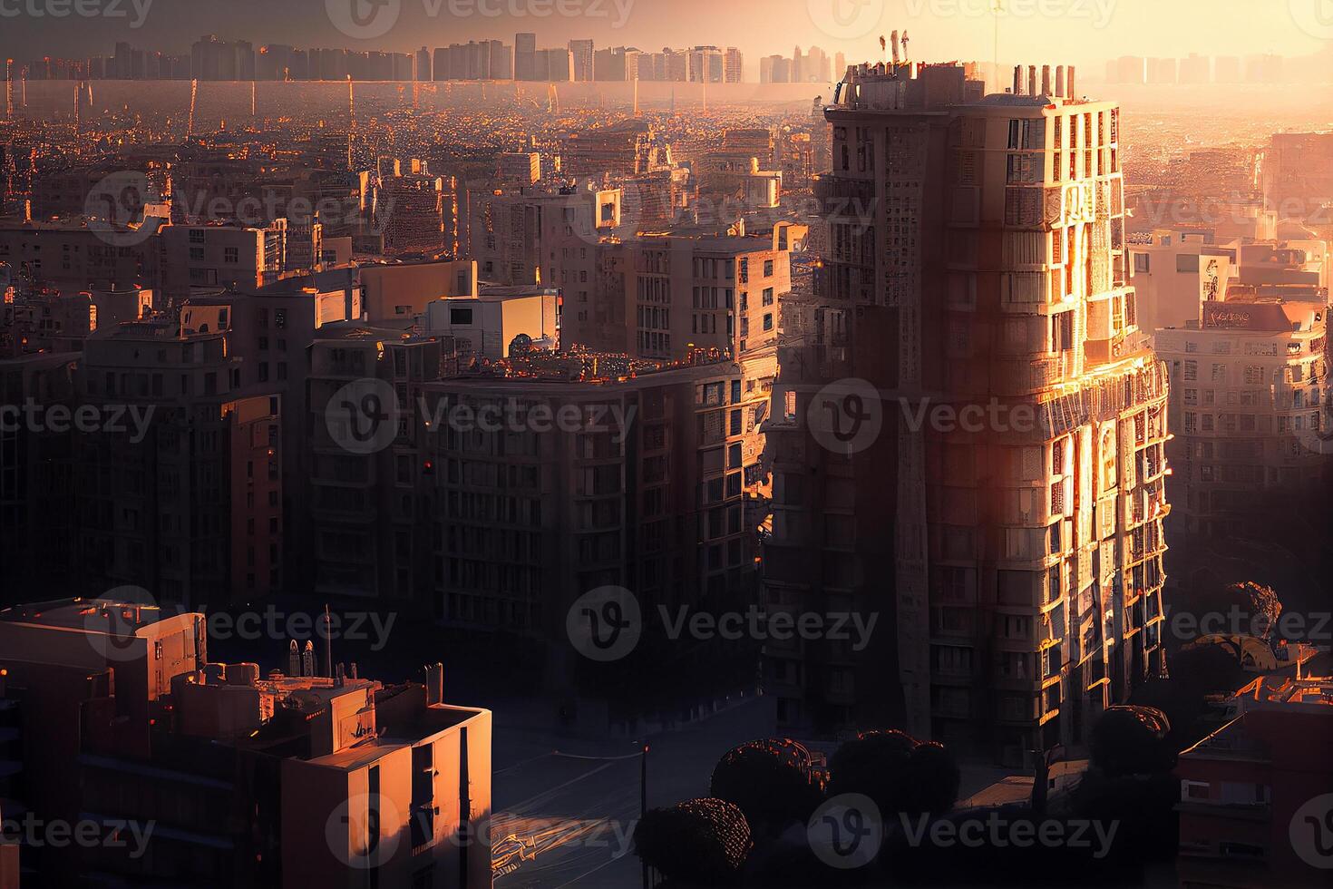 Cityscape of modern skyscrapers against a glowing sunset , photo