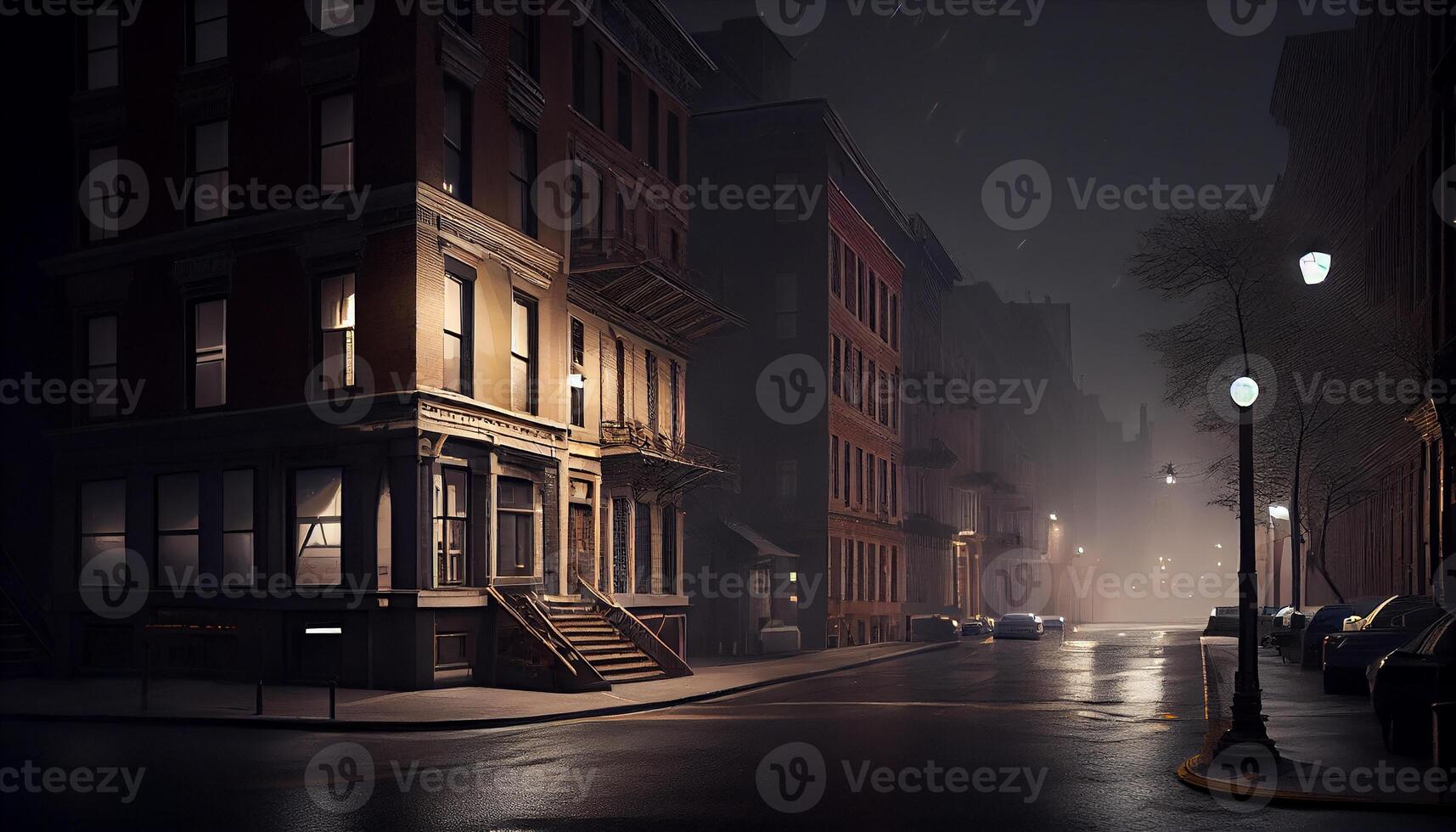 Dark cityscape with illuminated skyscrapers and street lights , photo