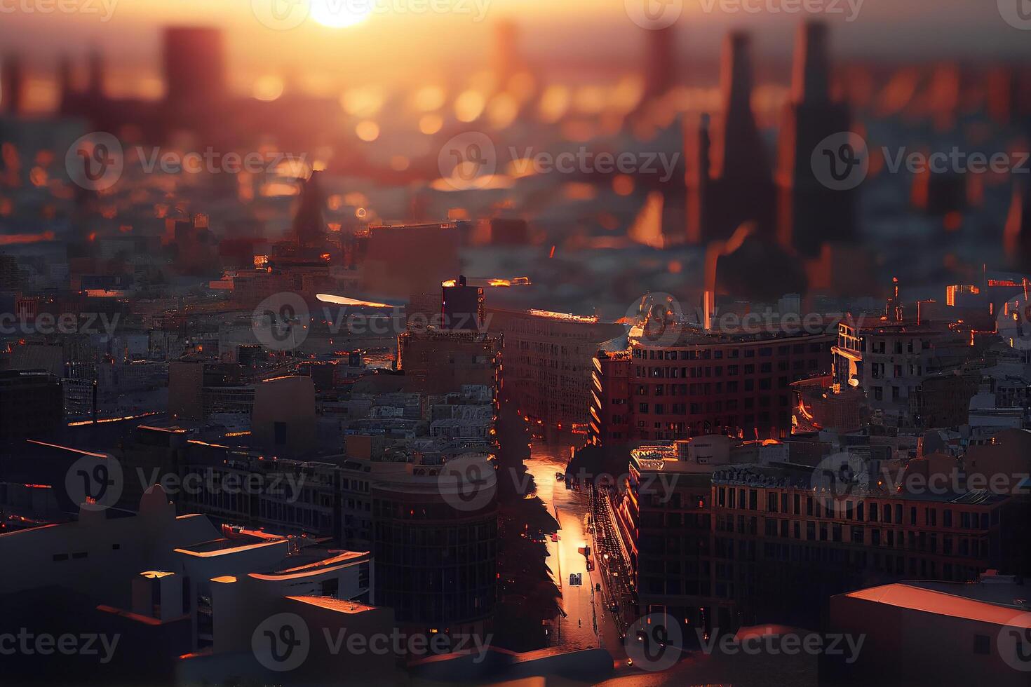 City skyline glows in sunset colorful light , photo