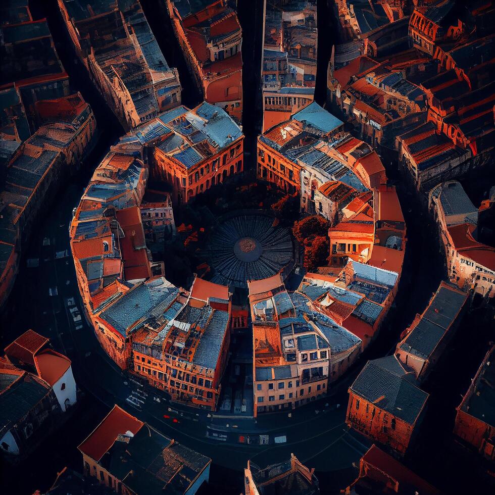 Nighttime cityscape with skyscrapers, aerial view, and illuminated buildings , photo