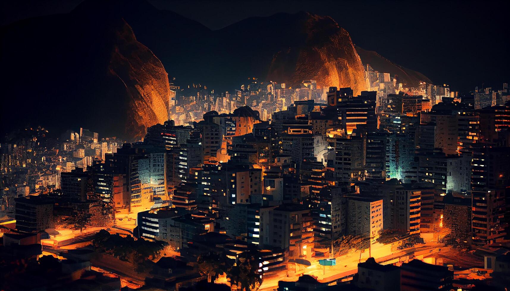 Illuminated urban skyline at dusk, towering skyscrapers , photo