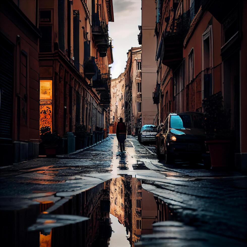 City lights reflect on wet streets at dusk , photo