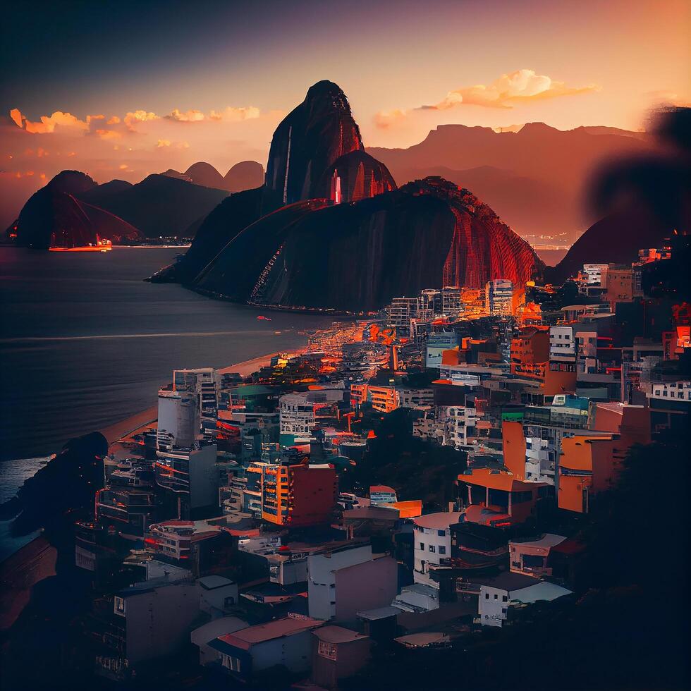 Cityscape illuminated at sunset in sugarloaf mountain , photo
