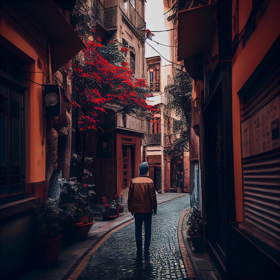 uno hombre camina mediante ciudad a noche ,generativo ai foto