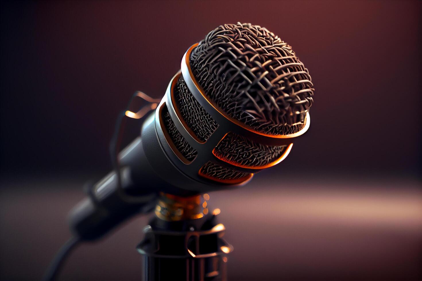 Close up of a chrome condenser microphone on stage , photo