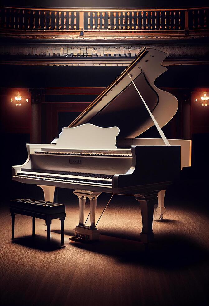 majestic classical piano on dark stage , photo