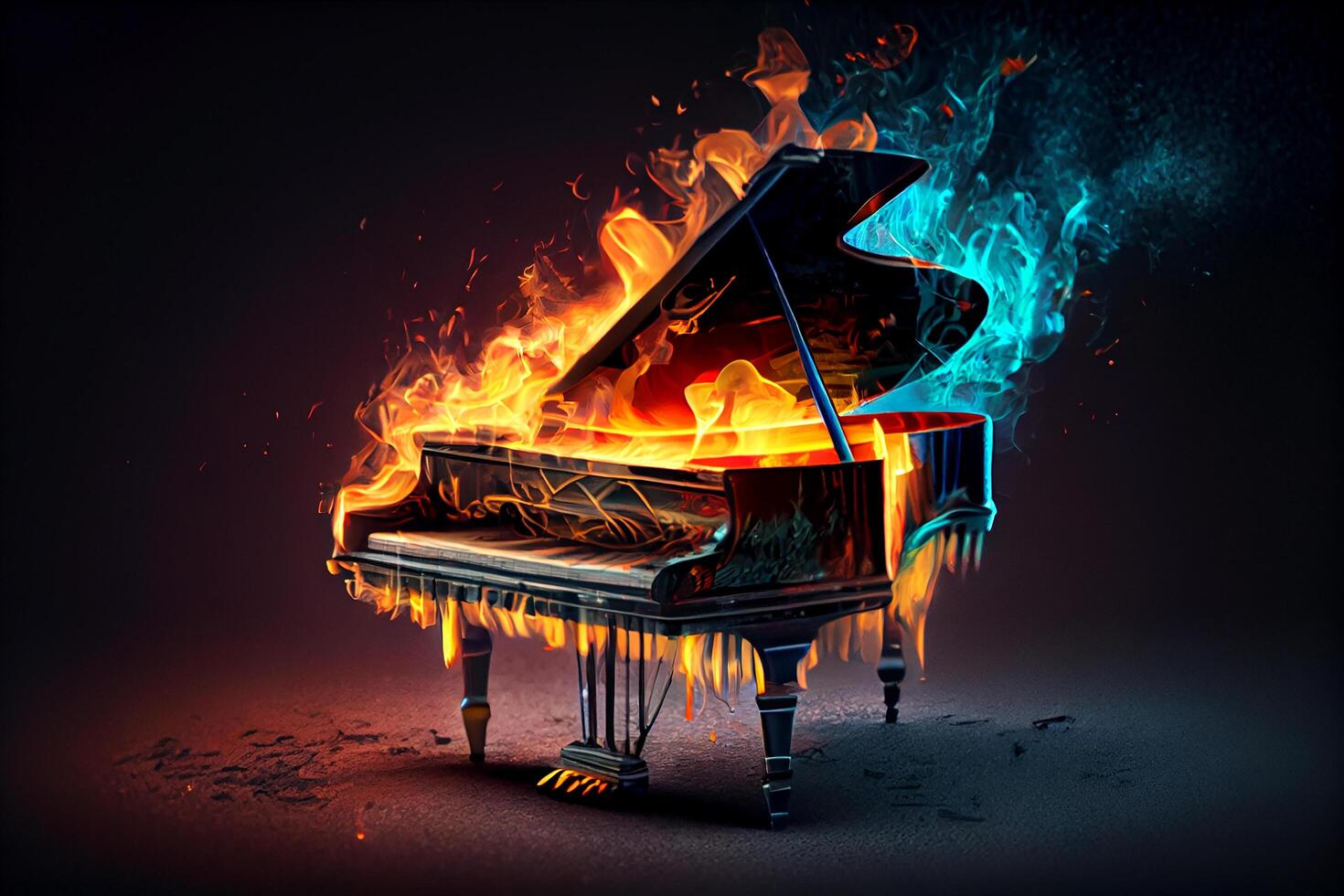 Piano on fire performance on abstract backdrop , photo