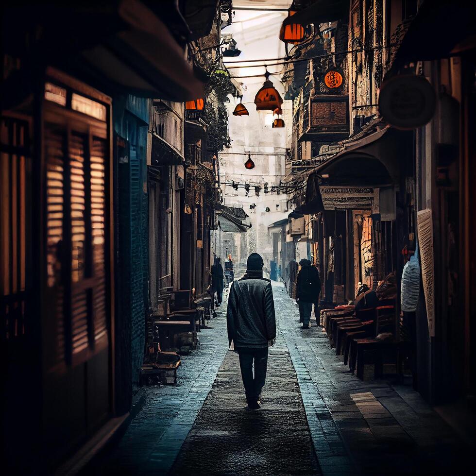 Men walking in city at night Architecture illuminated , photo