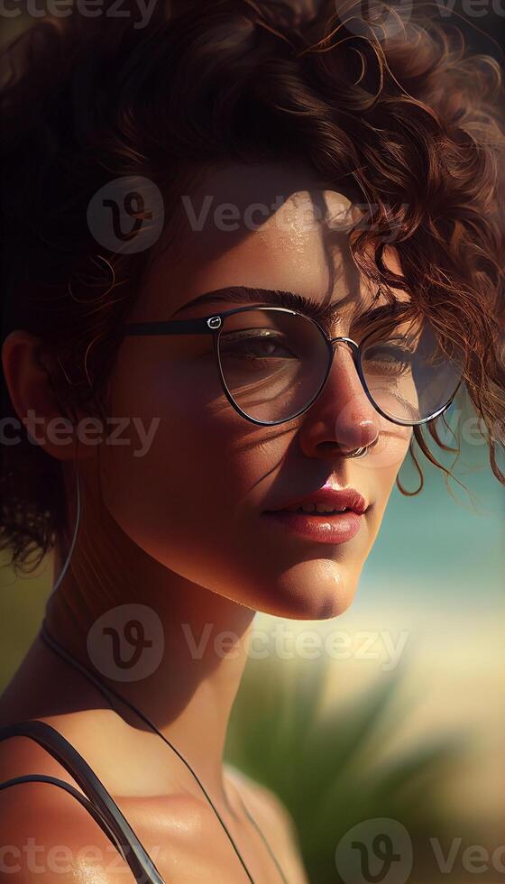 Young adult woman wears sunglasses and looks away , photo