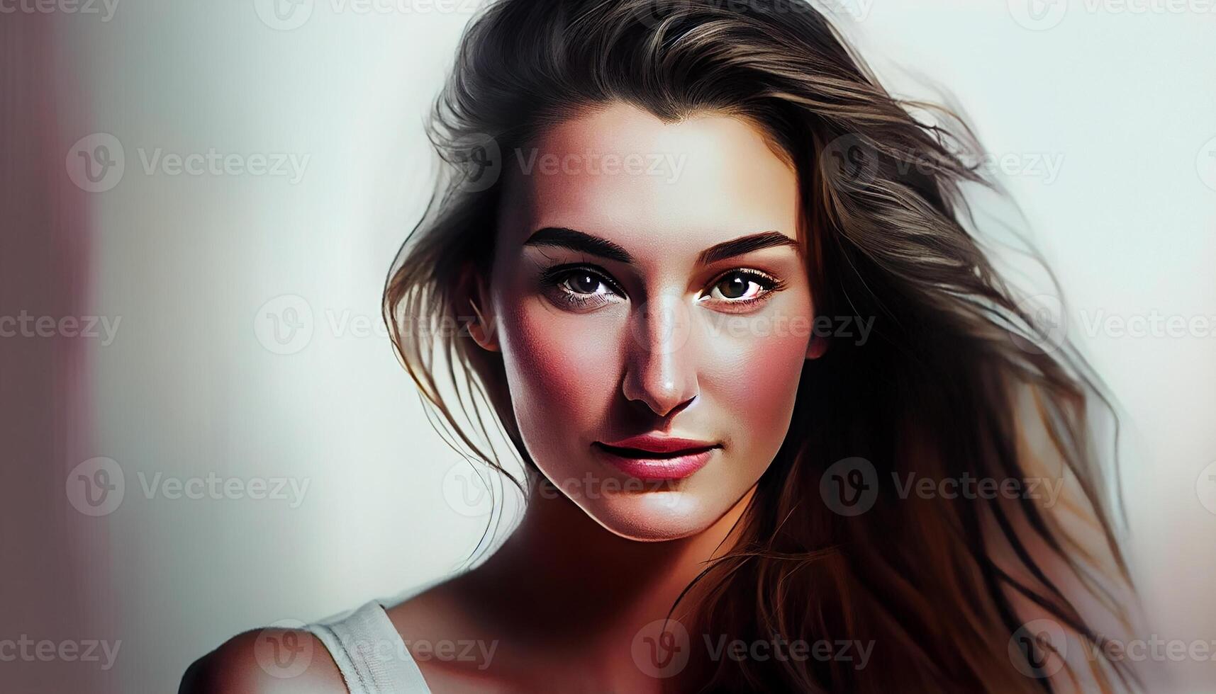 Beautiful young woman with brown hair and confidence , photo
