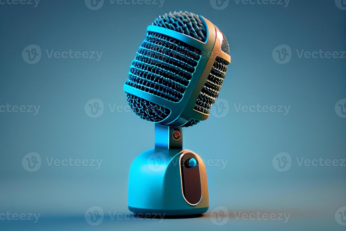 A shiny blue chrome microphone stands alone , photo