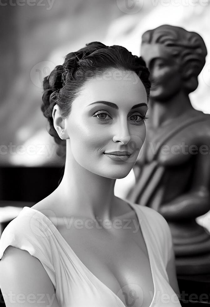 A beautiful young woman in black and white , photo