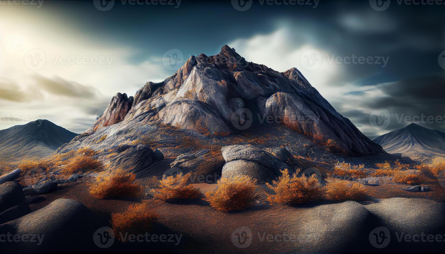 Mountain landscape with sunset sky and rocky peak , photo