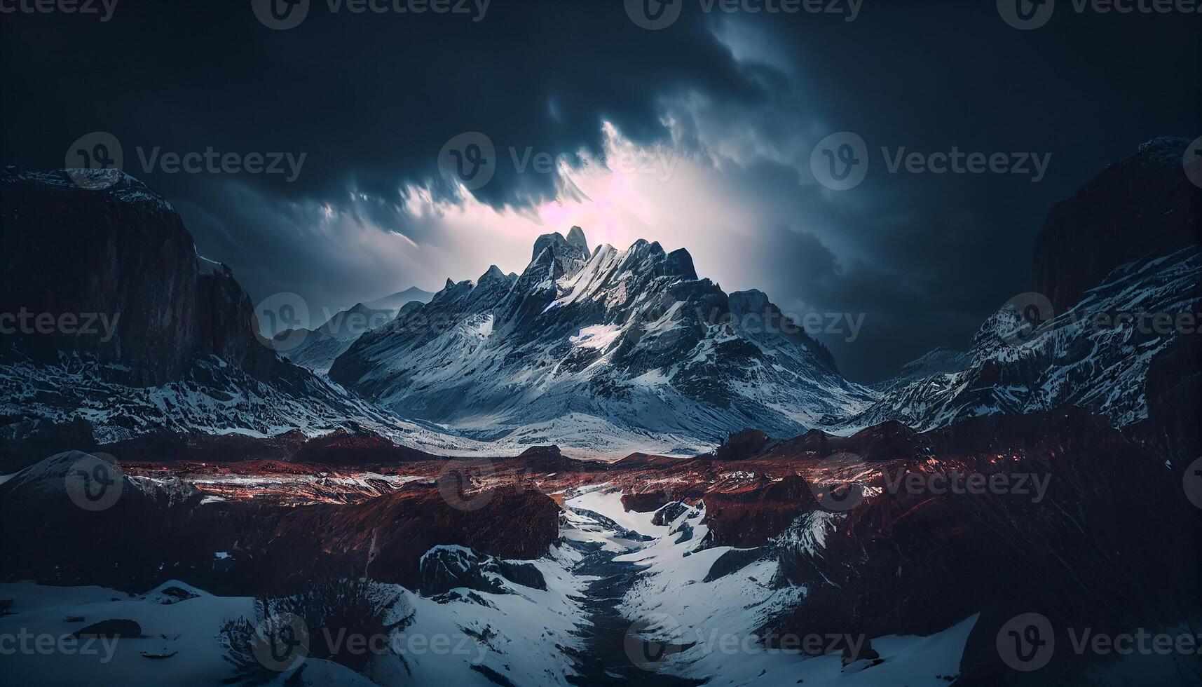 Mountain landscape with snow, peaks, and clouds , photo