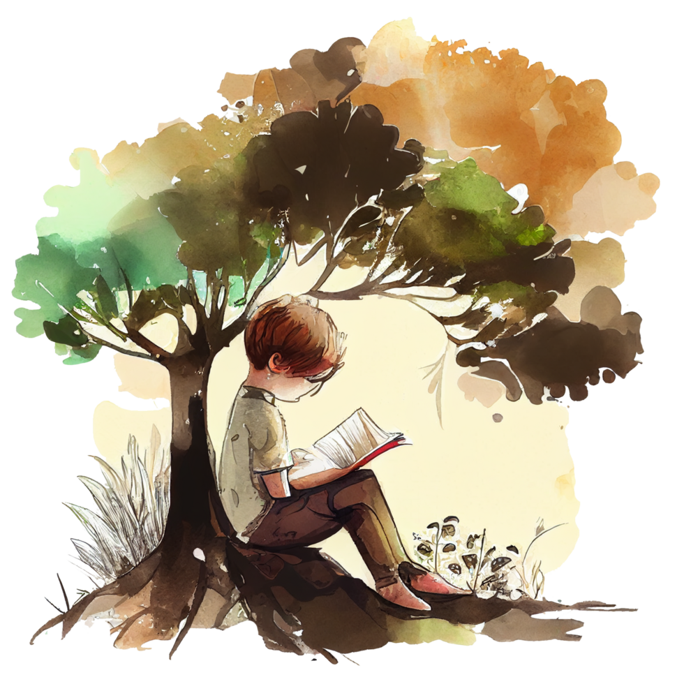 Boy reading book watercolor, png