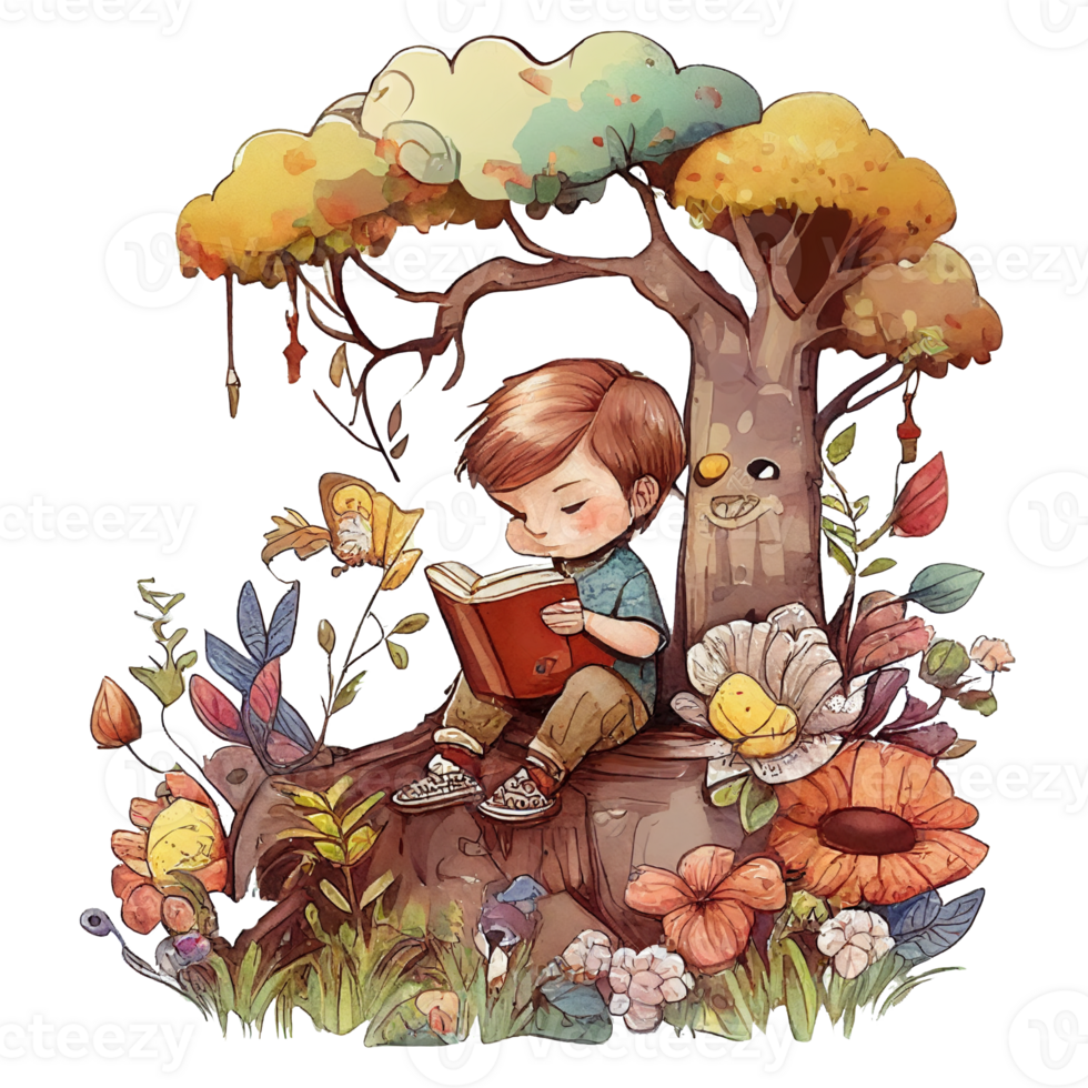 Boy reading book under tree, png