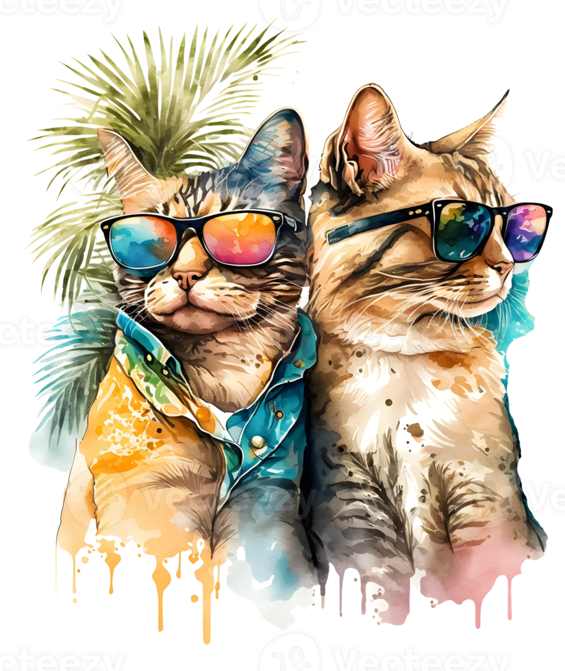 watercolor cat couple wearing sunglass, png