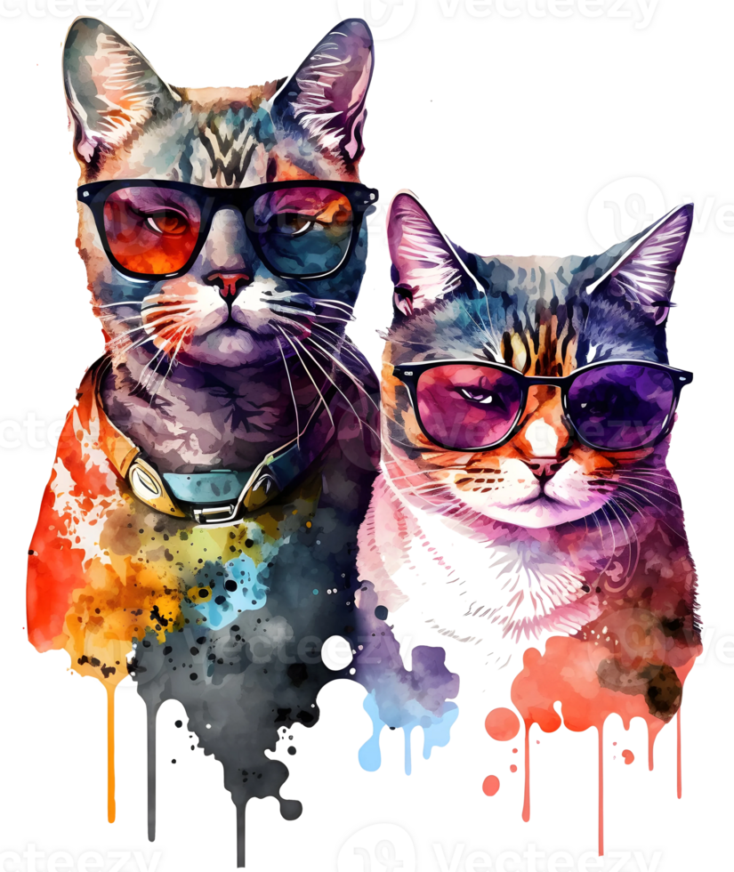 aquarelle chat couple portant lunettes de soleil, ai génératif png