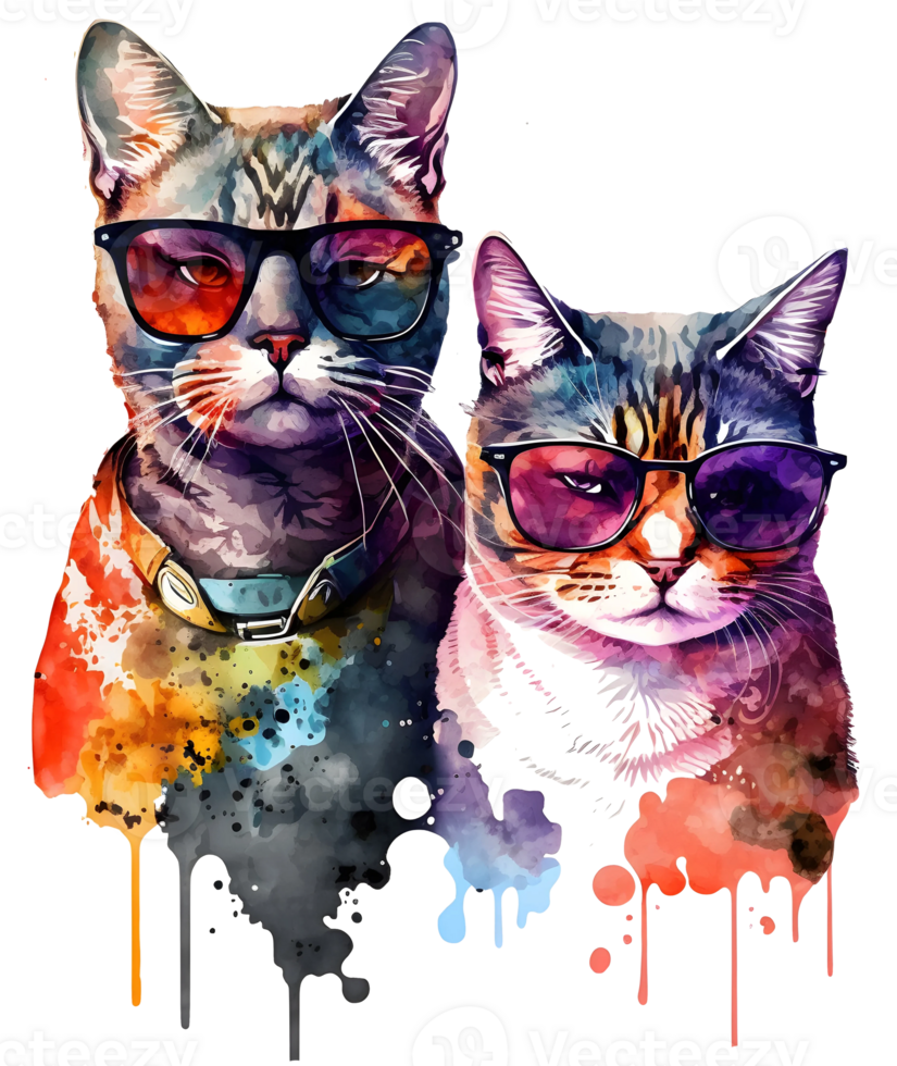 watercolor cat couple wearing sunglass, png